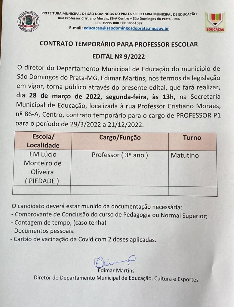 CONTRATO TEMPORÁRIO PARA PROFESSOR ESCOLAR – SÃO DOMINGOS DO PRATA – EDITAL N°9/2022