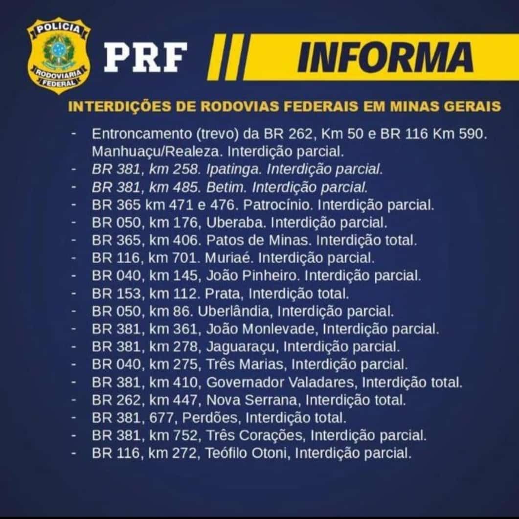 INTERDIÇÕES DE RODOVIAS FEDERAIS EM MINAS GERAIS