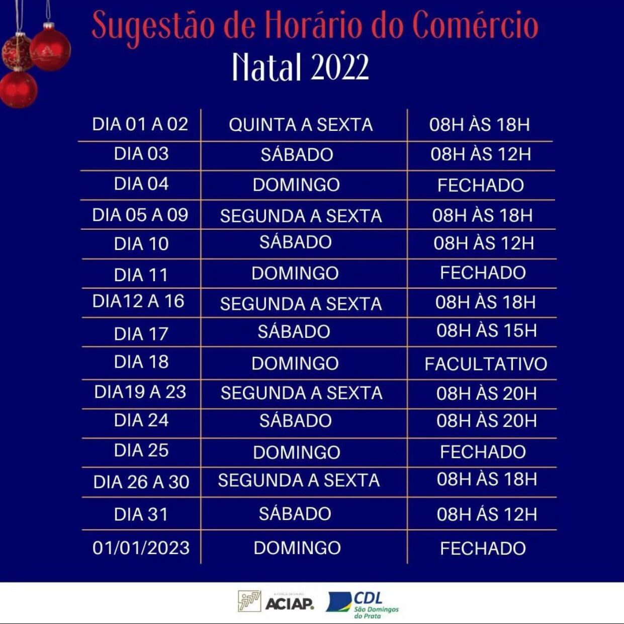 Horário comercial em São Domingos do Prata na Semana de Natal