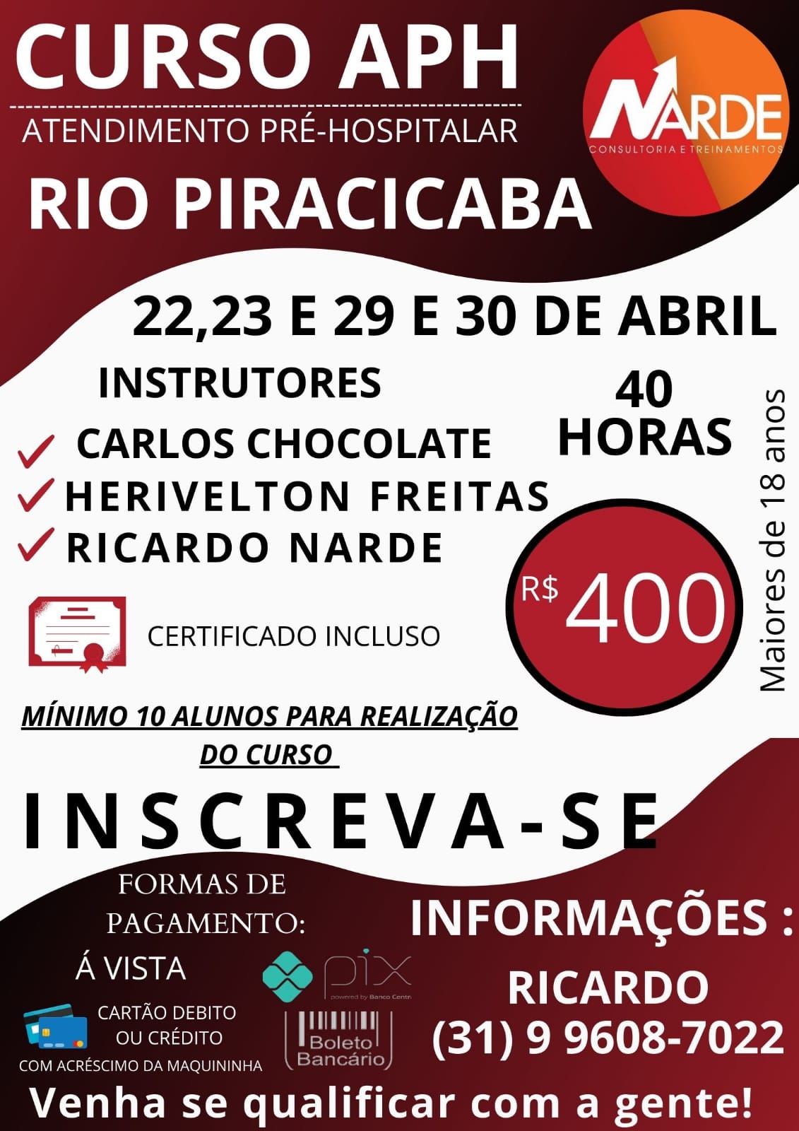 CURSO (APH) ATENDIMENTO PRÉ HOSPITALAR  EM RIO PIRACICABA – NARDE CONSULTORIA E TREINAMENTO